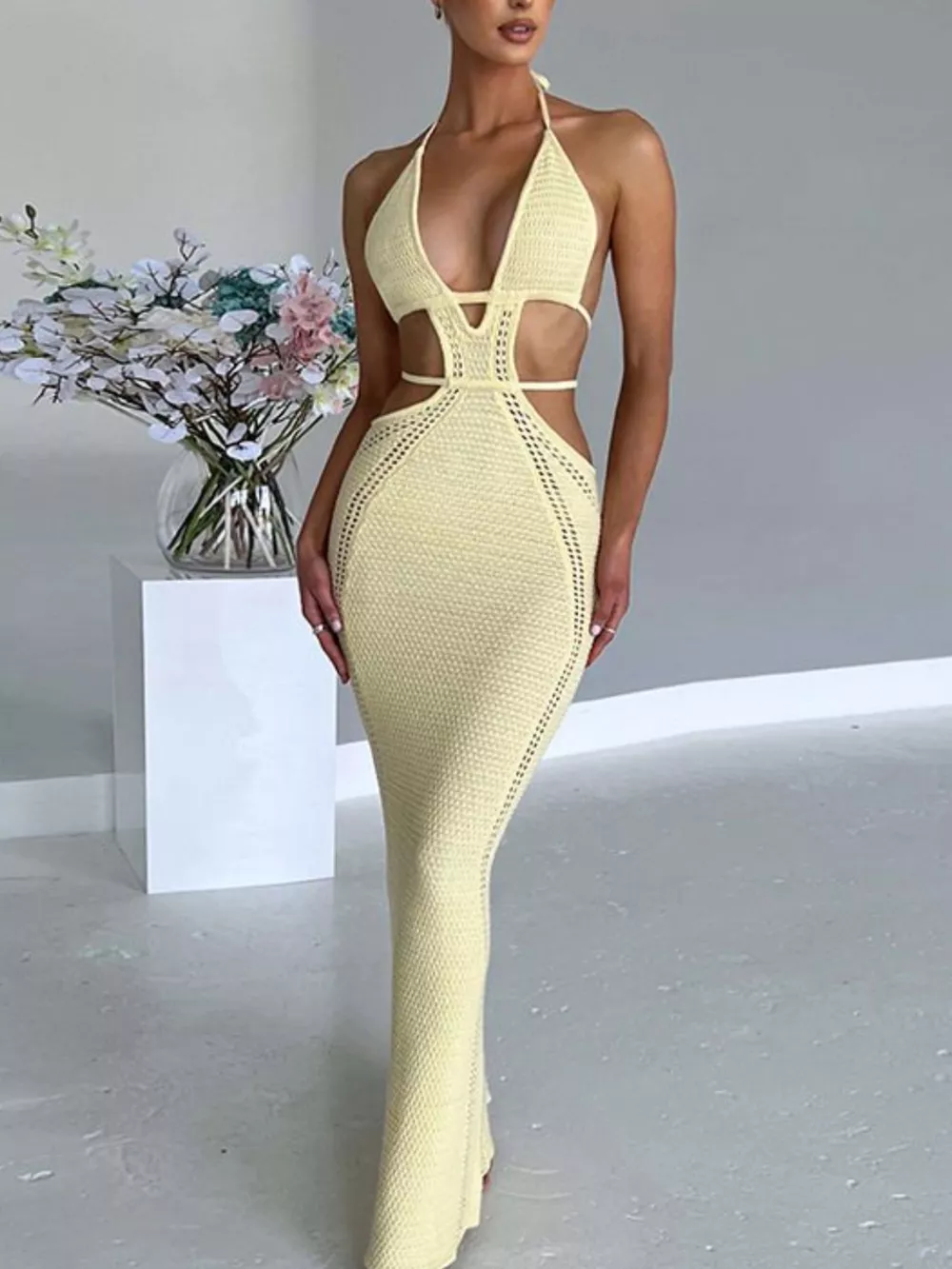 Halter Neck Cutout Knitted Maxi Dress, image 5