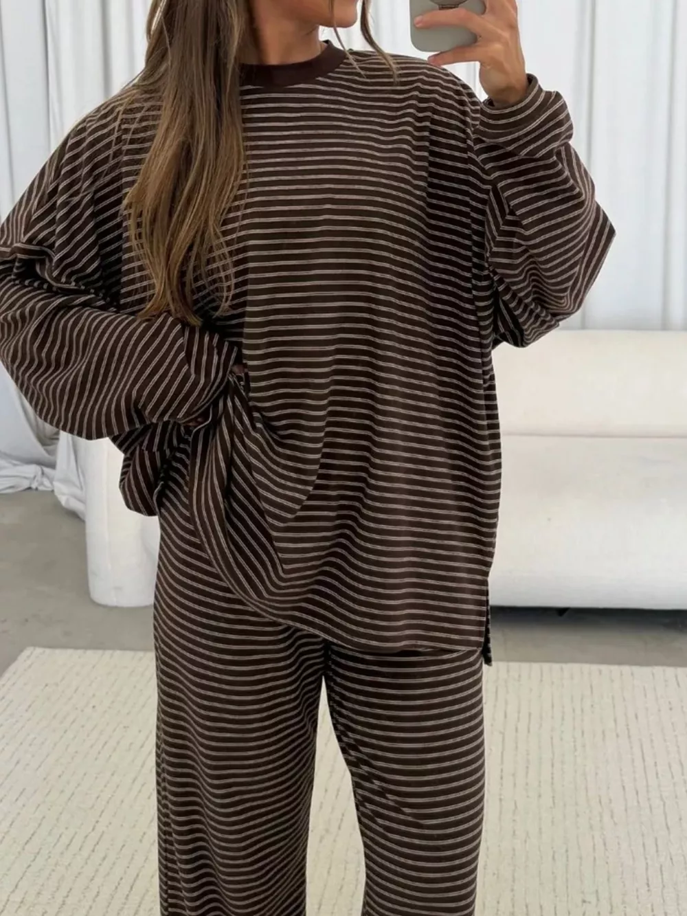 Striped Dropped Shoulder Top and Pants Lounge Set, image 2