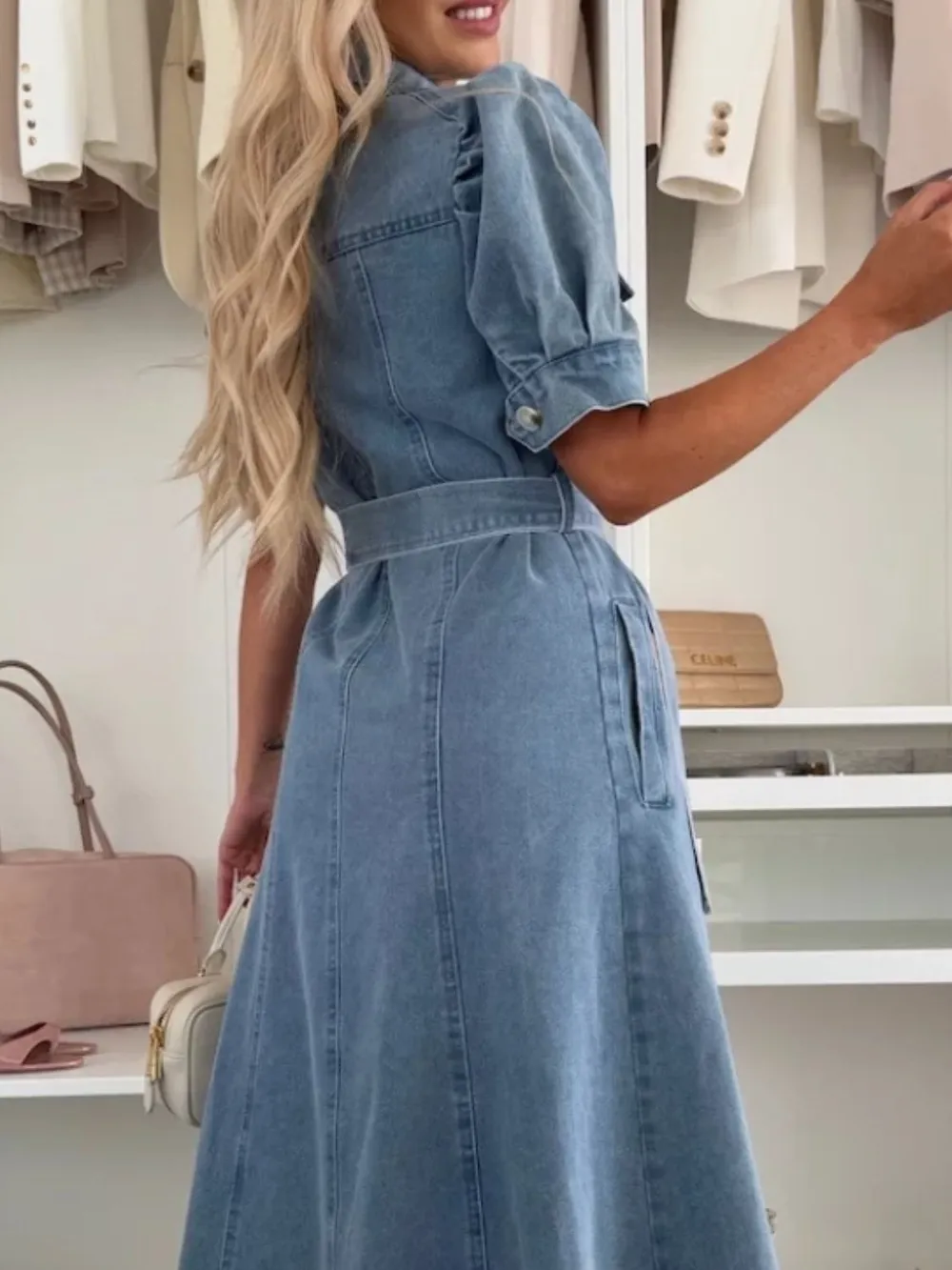Puff Sleeve Button Down Belted Denim Midi Dress, image 3
