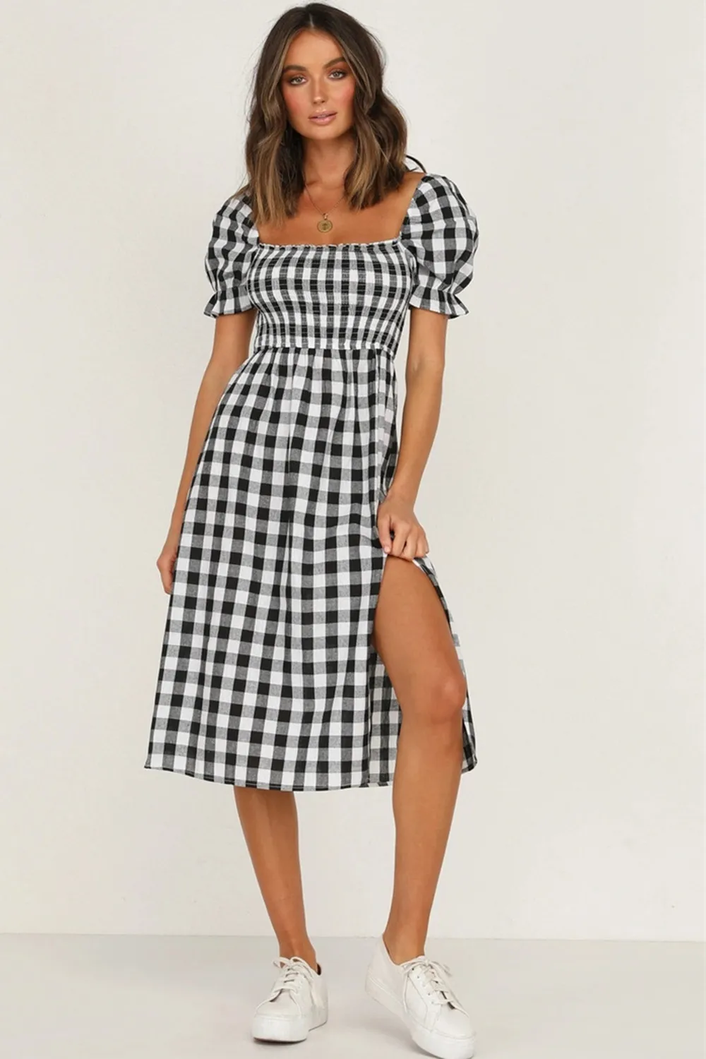 Full Size Slit Plaid Short Sleeve Midi Dress, image 3