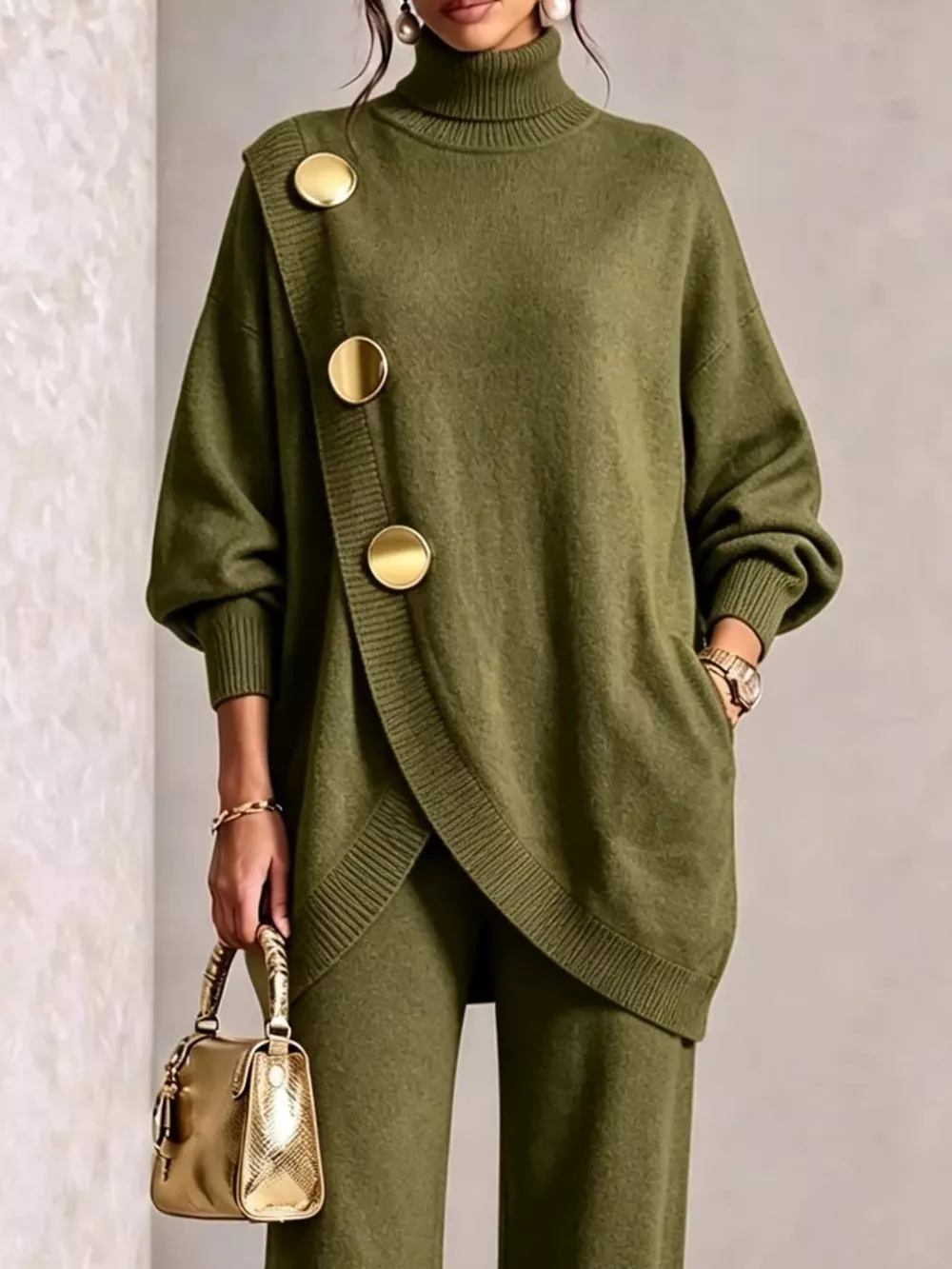 Gold Button Accent Turtleneck Sweater and Pants Set, image 4