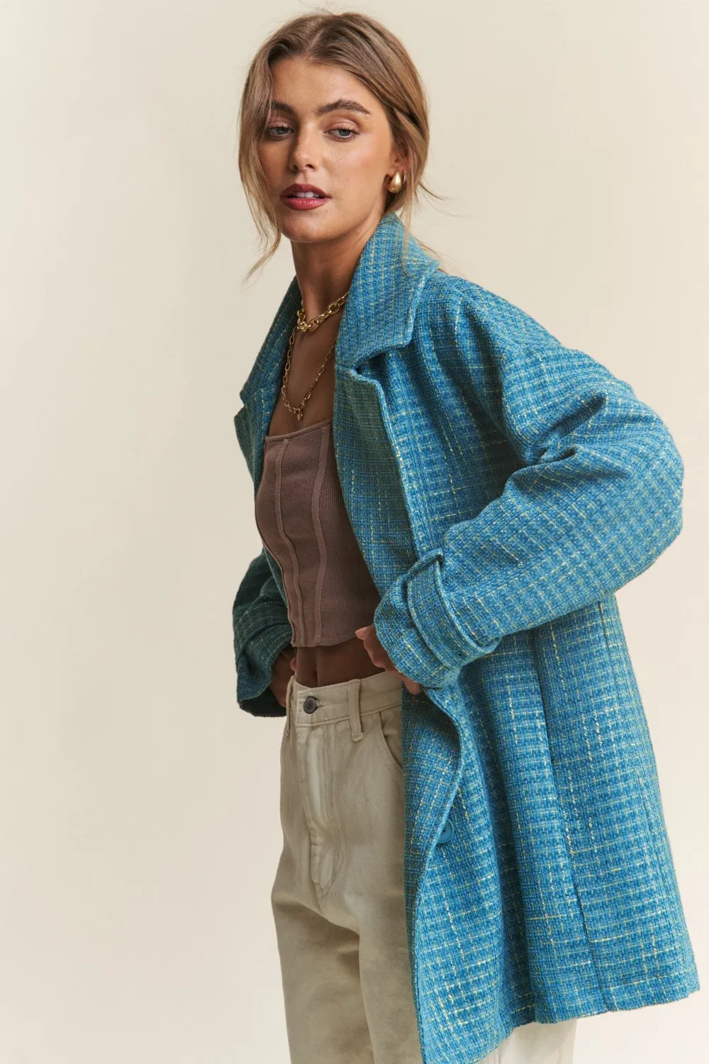 Tweed Double-Breasted Long Sleeve Coat, image 4