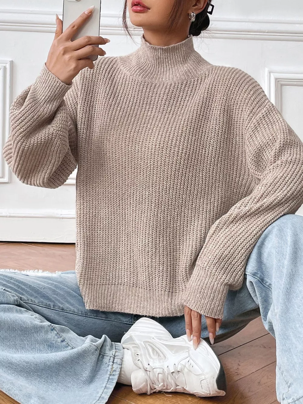 Cozy Knit Turtleneck Dropped Shoulder Sweater, image 5