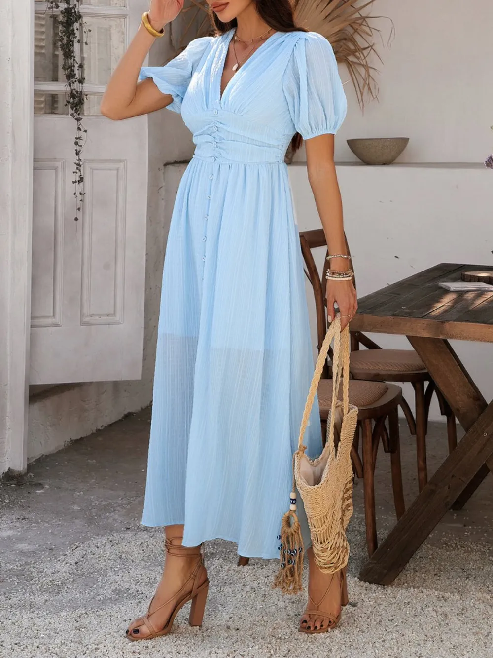 V-Neck Puff Short Sleeve Midi Dress, image 10
