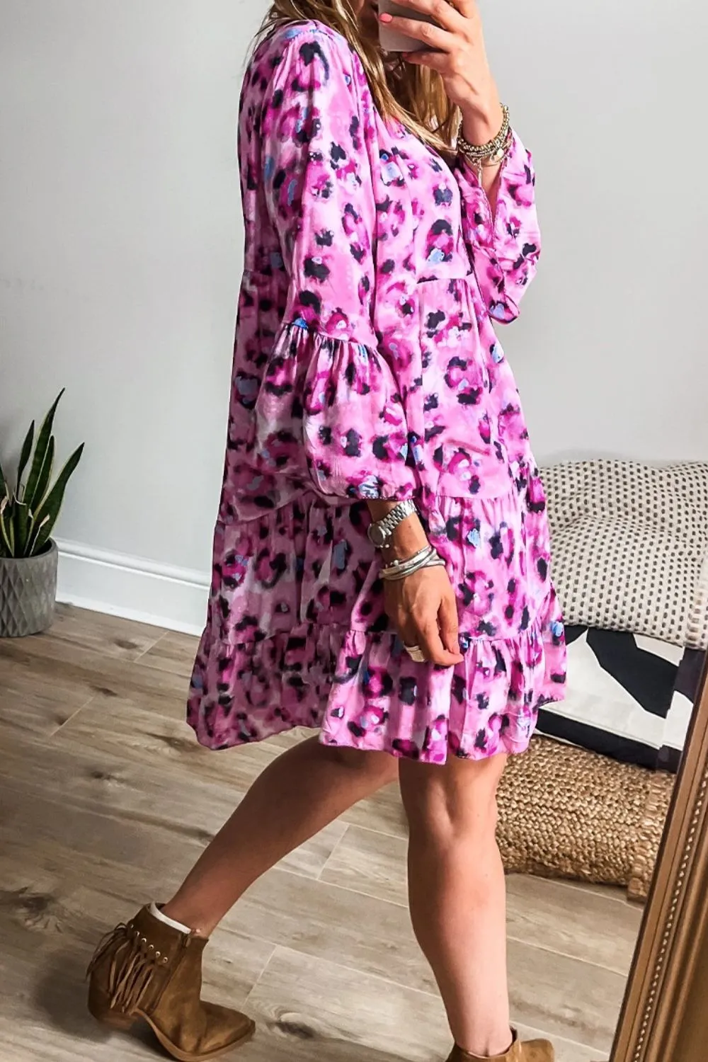 Leopard Print Buttoned Front 3/4 Sleeve Tiered Ruffled Hem Dress, image 9