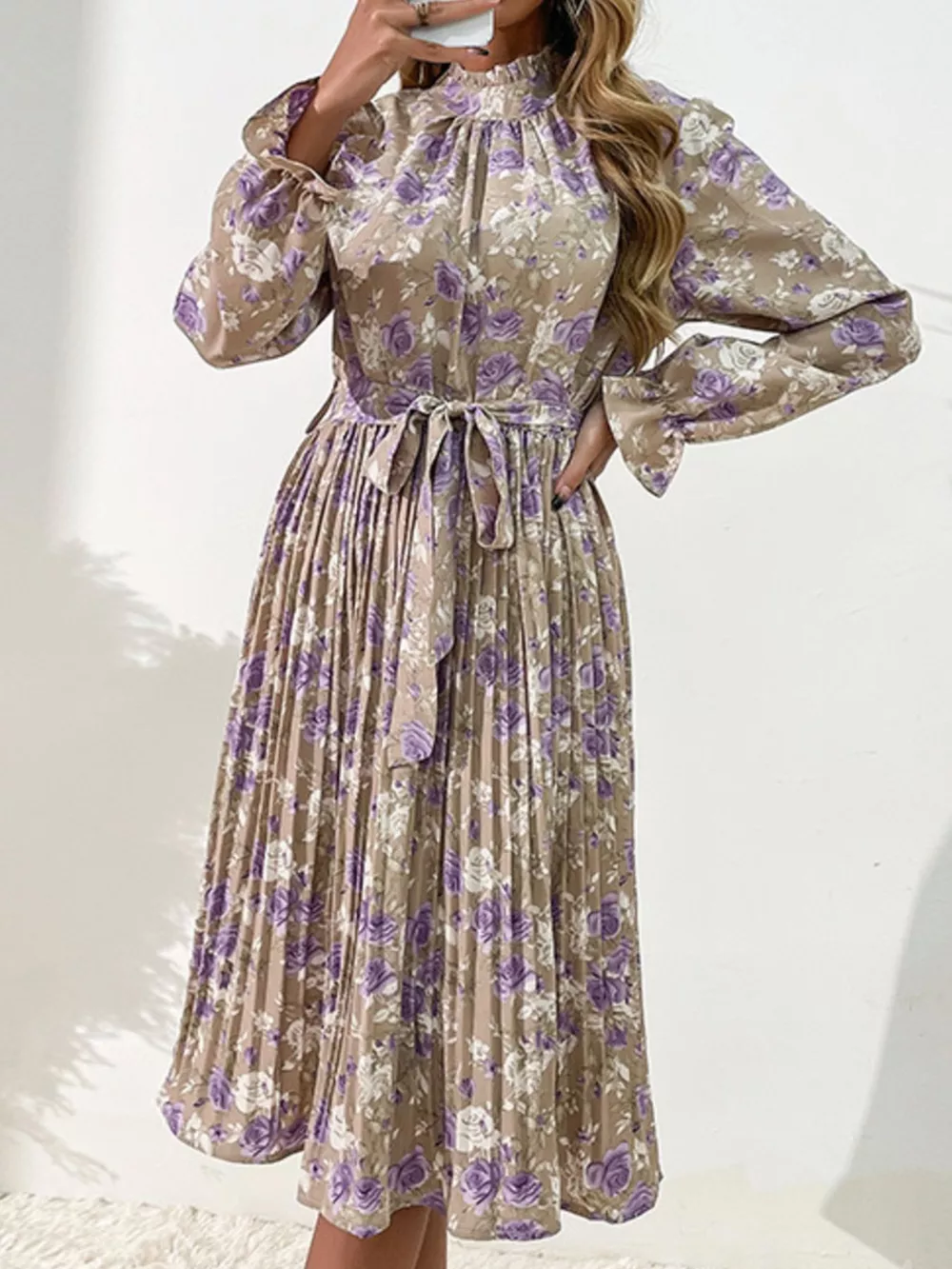 Floral Print Long Sleeve Pleated Midi Dress, image 4