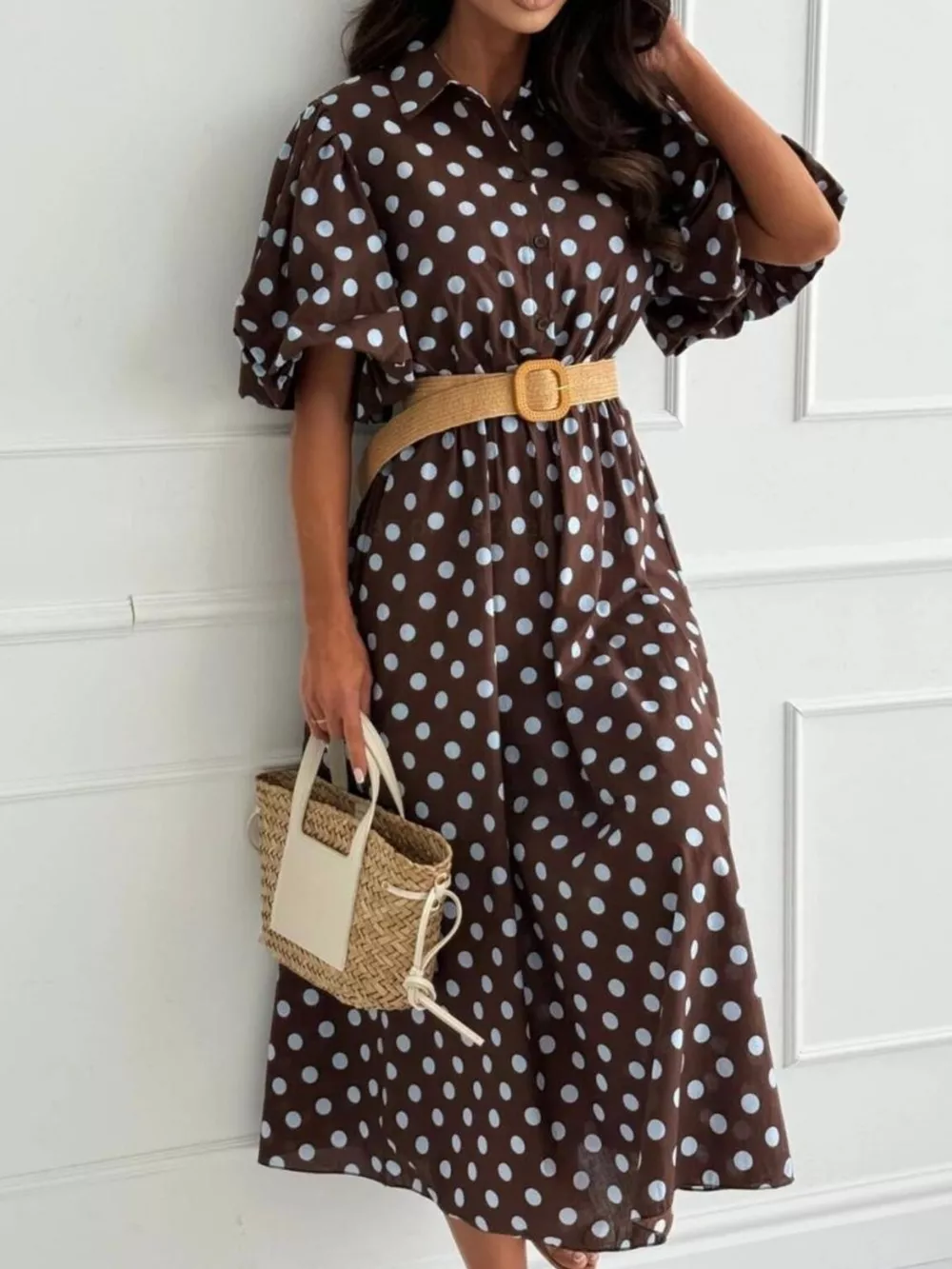 Polka Dot Puff Sleeve Midi Dress, image 2
