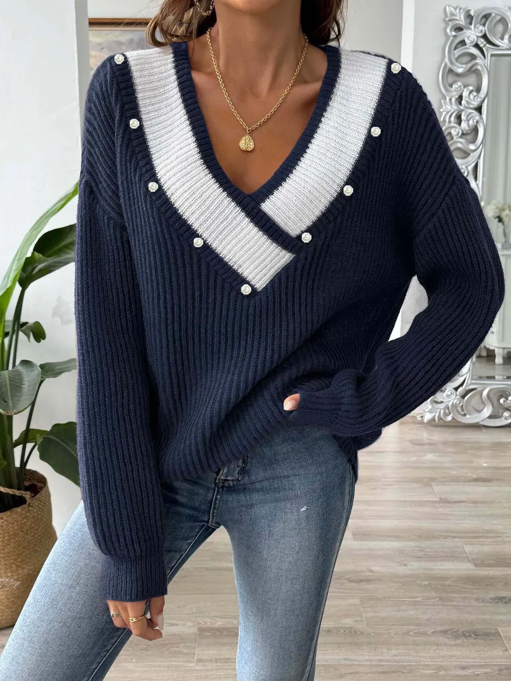 Contrast Trim Dropped Shoulder Long Sleeve Sweater, image 4