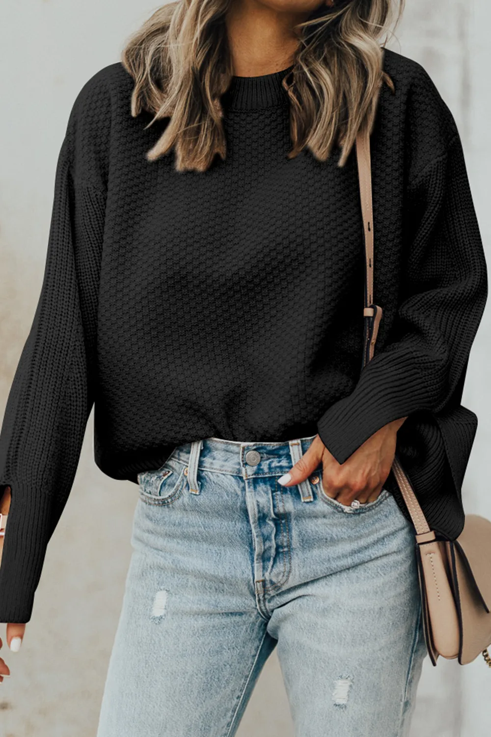 Textured Round Neck Long Sleeve Sweater, image 4