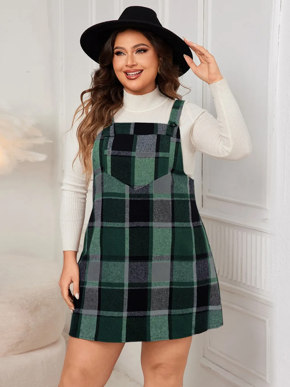 Plus Size Plaid Wide Strap Overall Dress, image 6