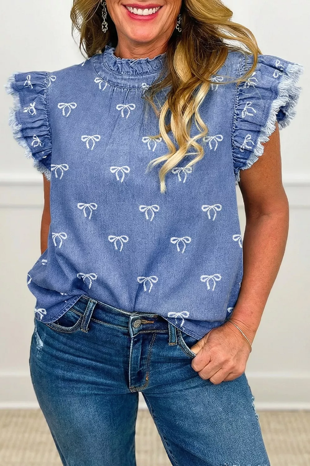 Frilled Collar Flutter Sleeve Denim Top, image 2