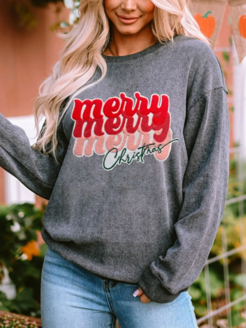 Full Size MERRY CHRISTMAS Round Neck Long Sleeve Sweatshirt, image 2