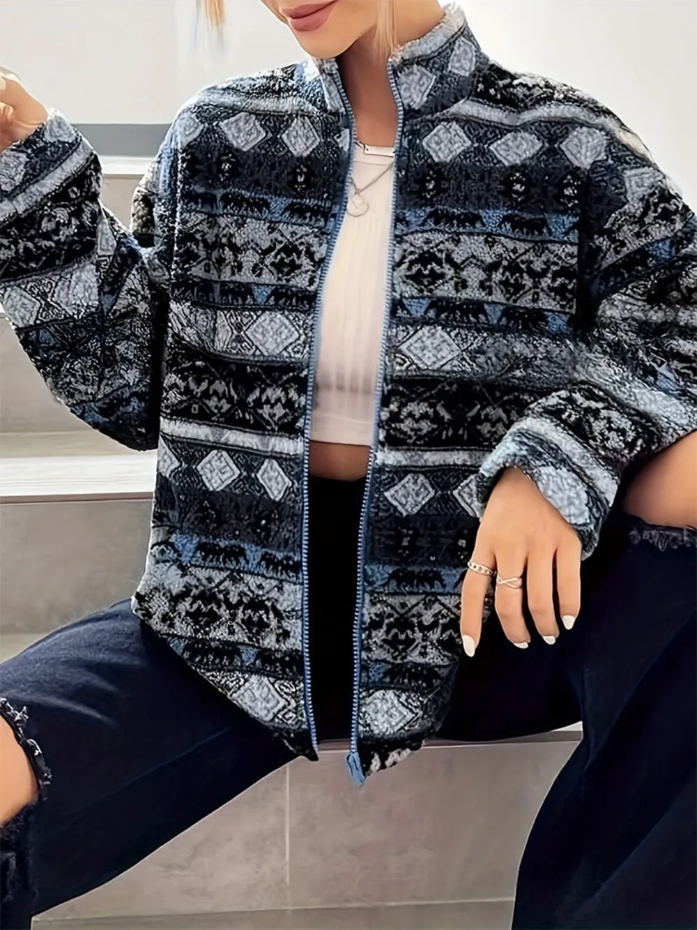 Geometric Turtleneck Zip Up Jacket, image 2