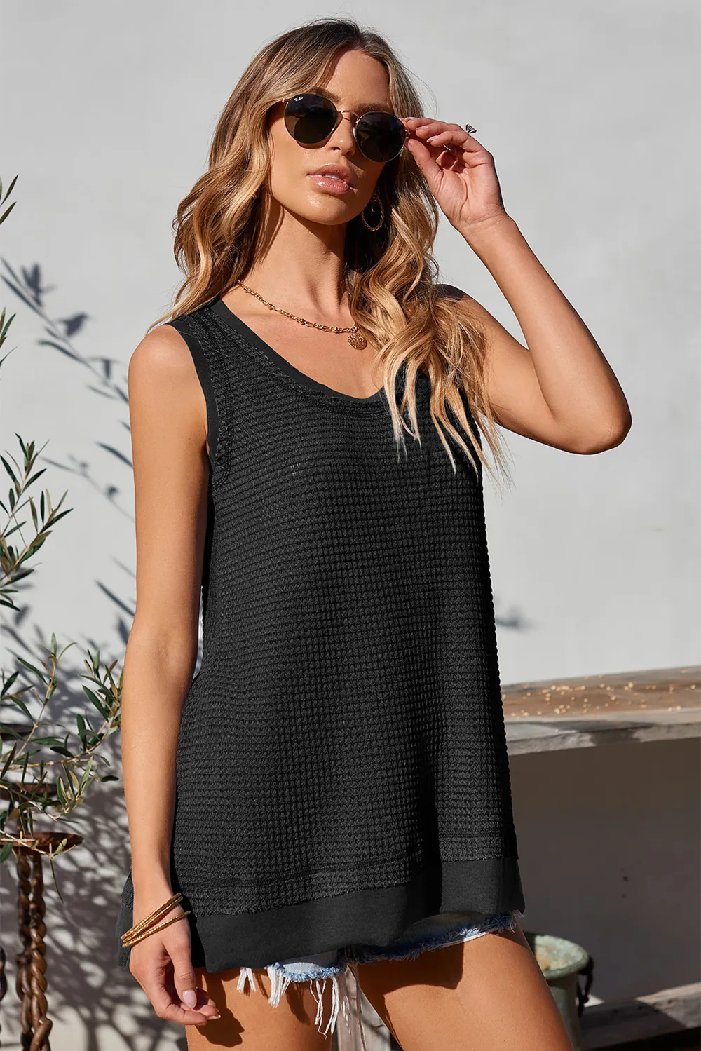 Waffle-Knit Wide Strap Tank, image 3