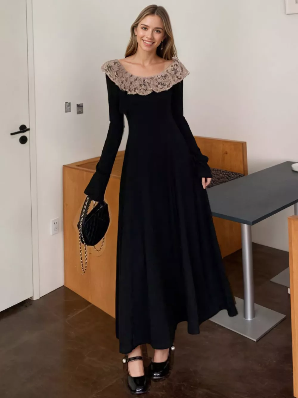 Lace Collar Long Sleeve Dress, image 3