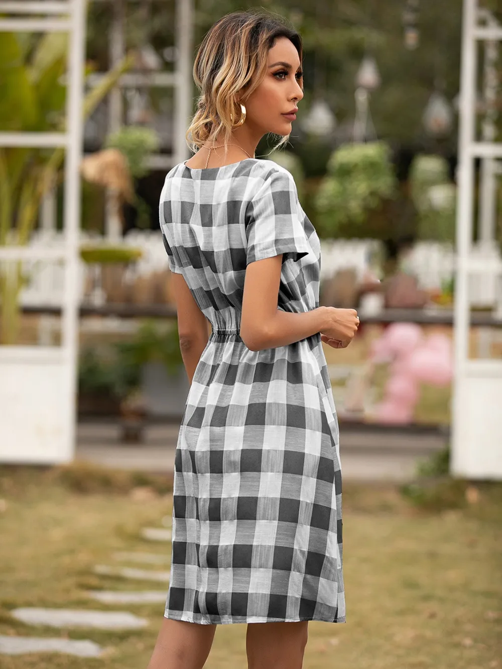 Smocked Plaid Round Neck Short Sleeve Dress, image 10