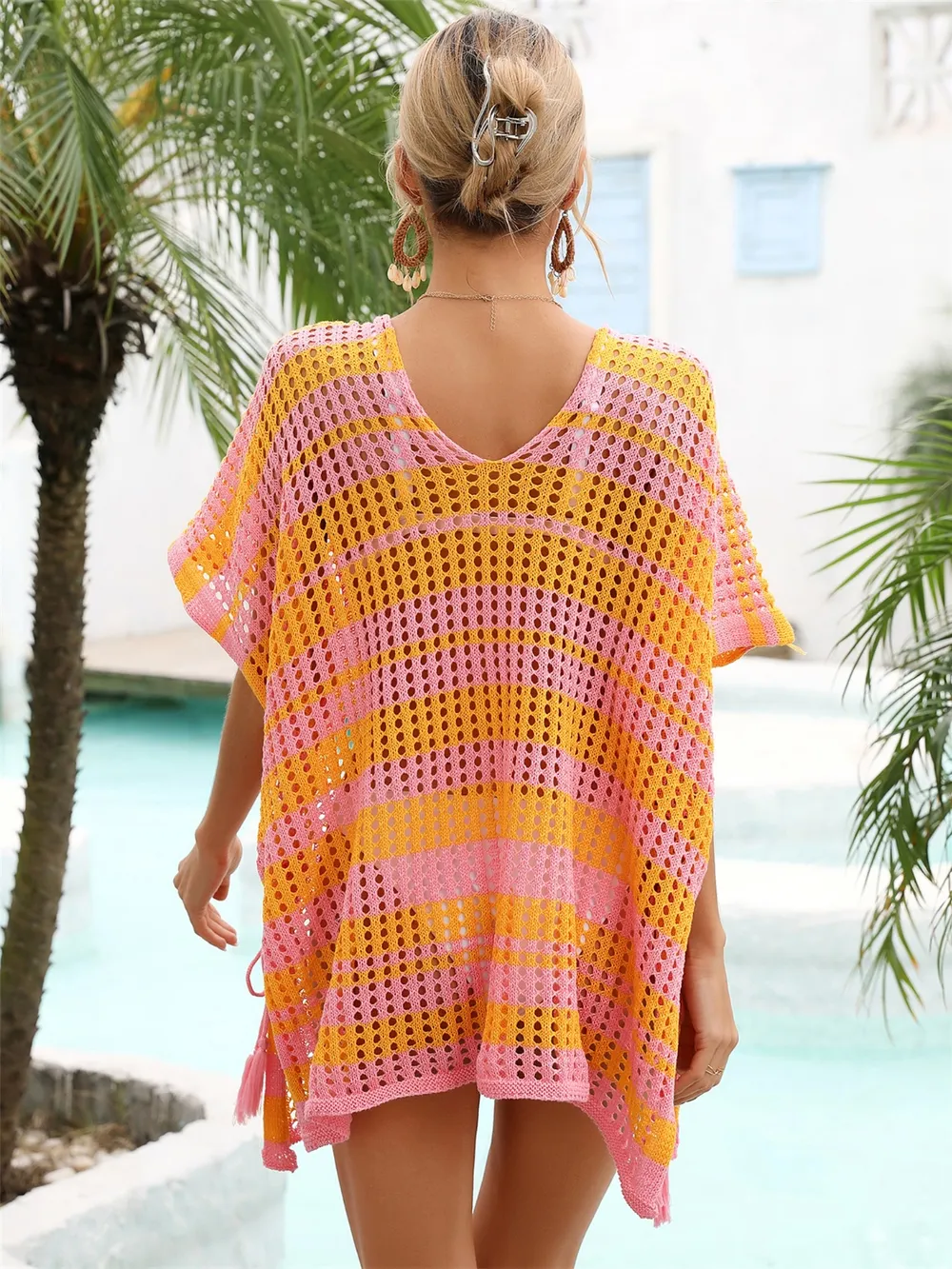 Tassel Openwork Striped V-Neck Cover Up, image 16