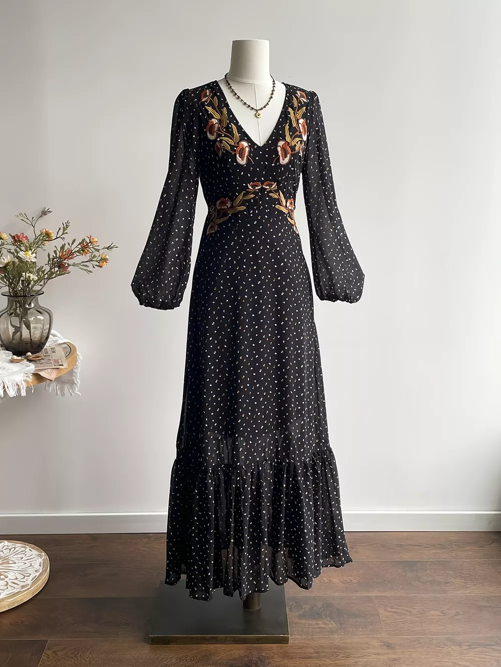 Plus Size Floral Embroidered Polka Dot Maxi Dress, image 3