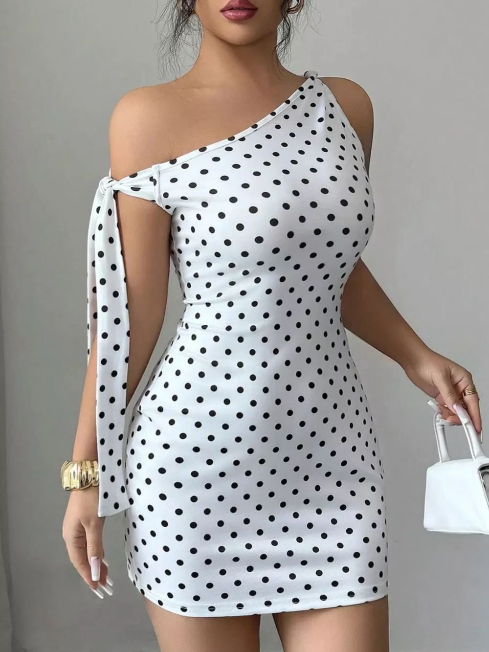 One-Shoulder Polka Dot Bodycon Mini Dress, image 3