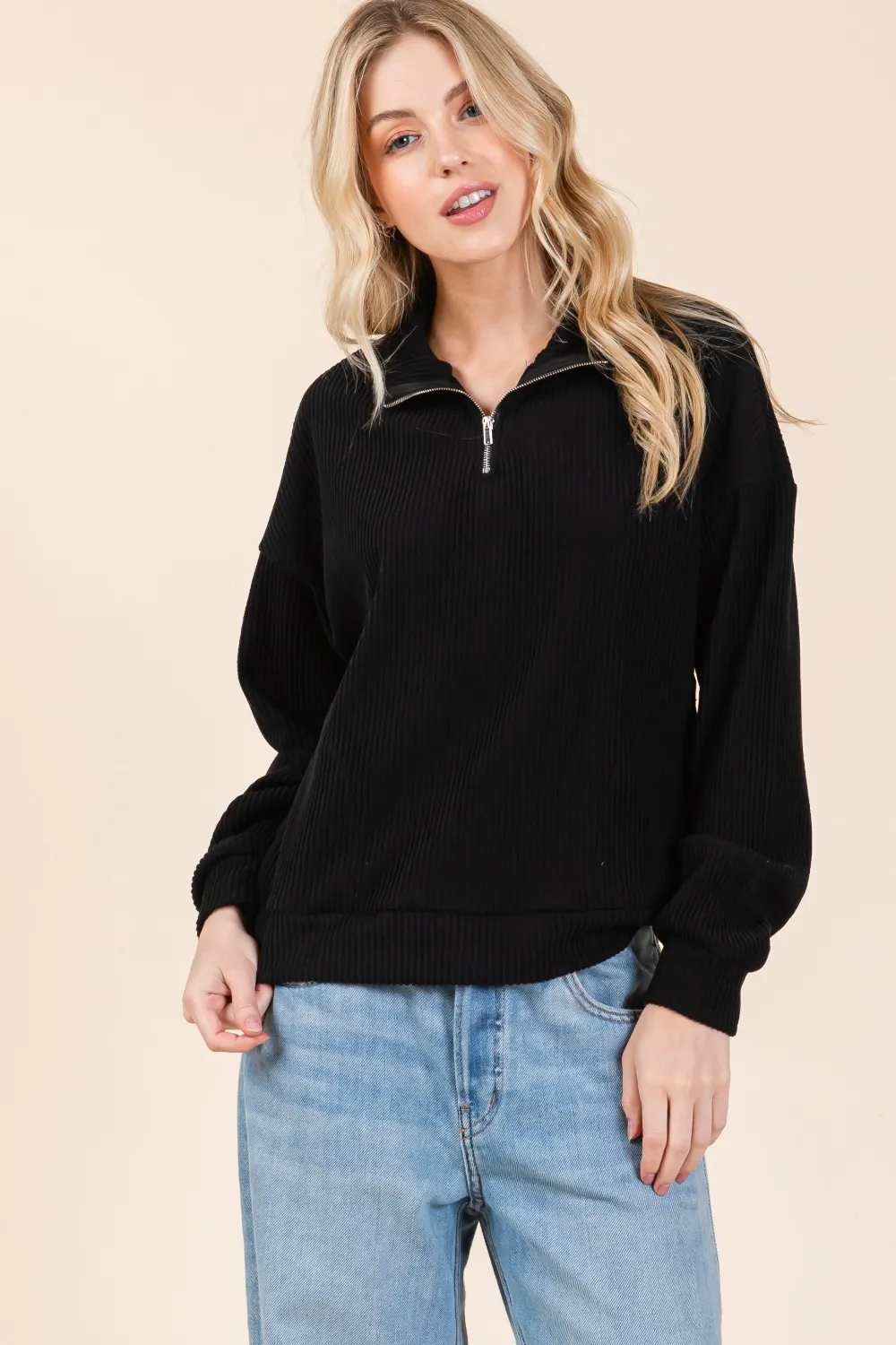Quarter Zip Long Sleeve Sweatshirt with Pockets, image 3