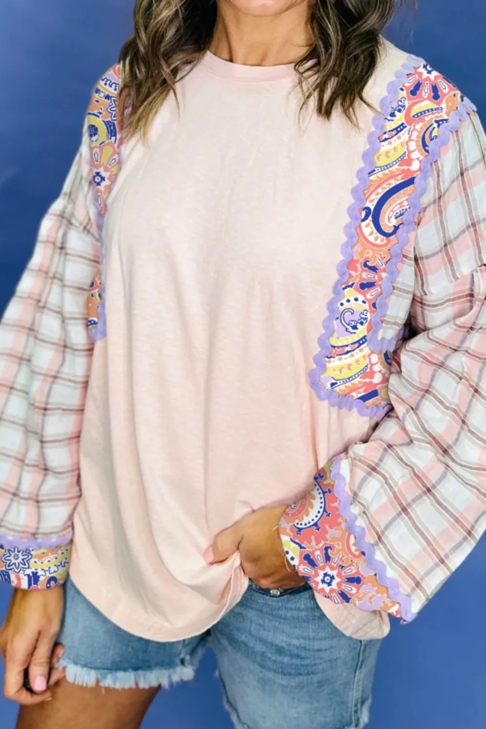 Paisley Print Plaid Long Sleeve Oversized Top, image 3