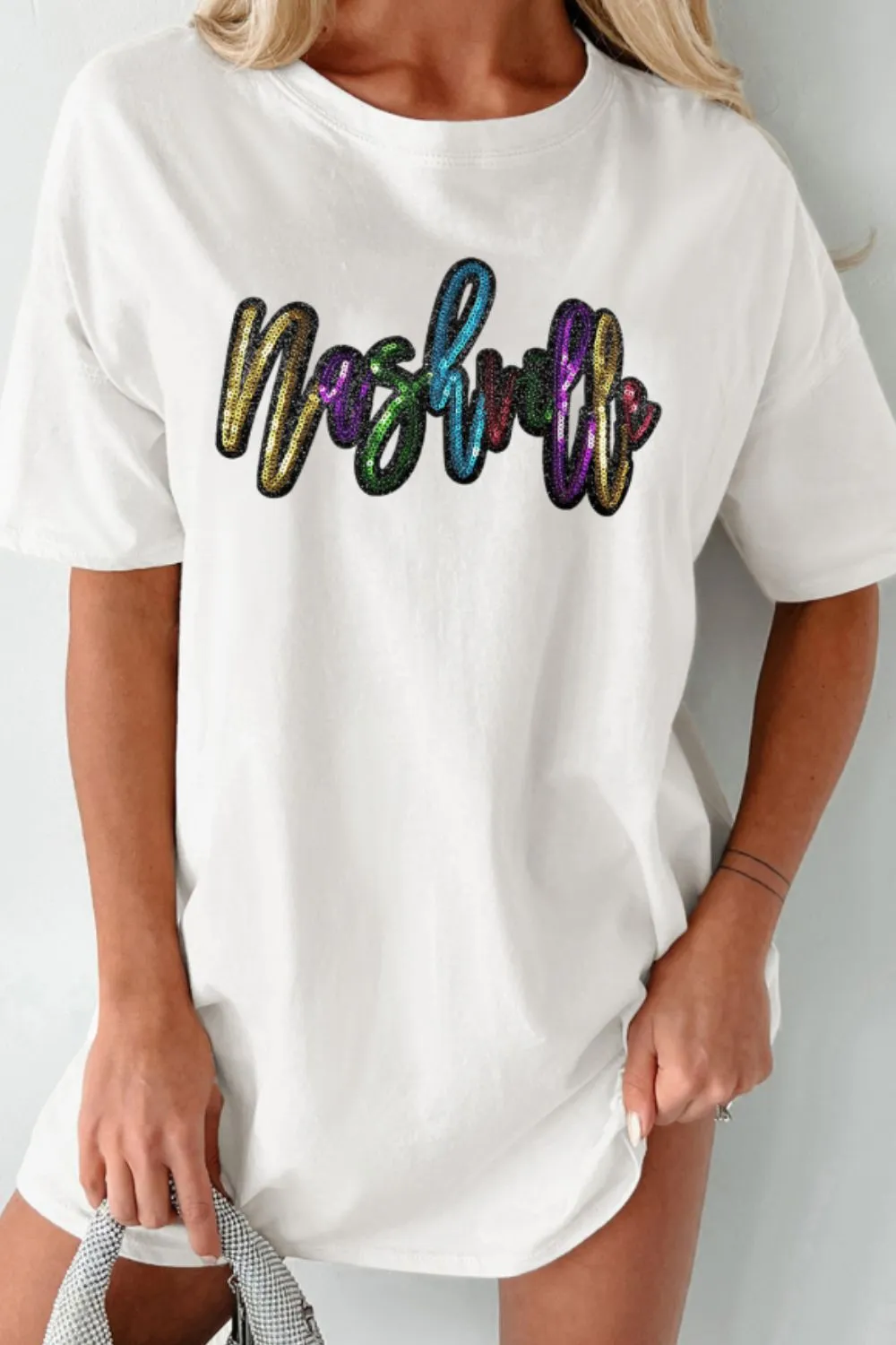 Sequin Round Neck Short Sleeve Oversized T-Shirt, image 3