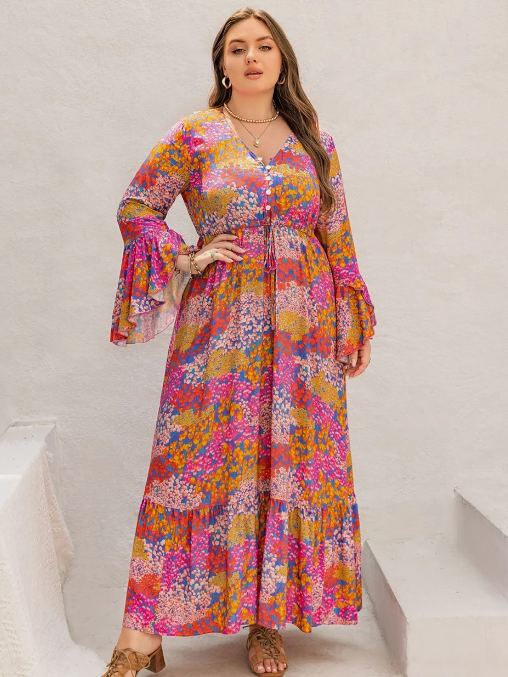 Plus Size Printed V-Neck Long Sleeve Maxi Dress, image 5