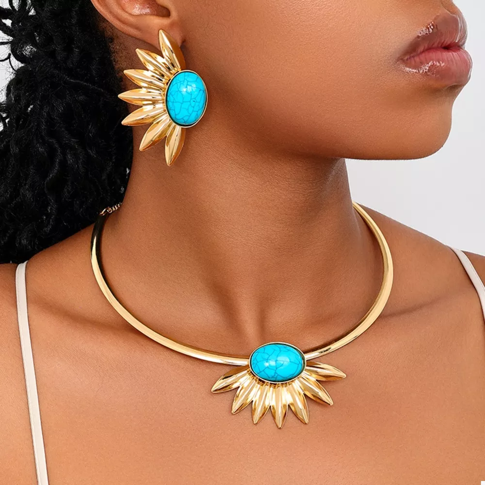 Turquoise Sunflower Necklace and Earrings Jewelry Set