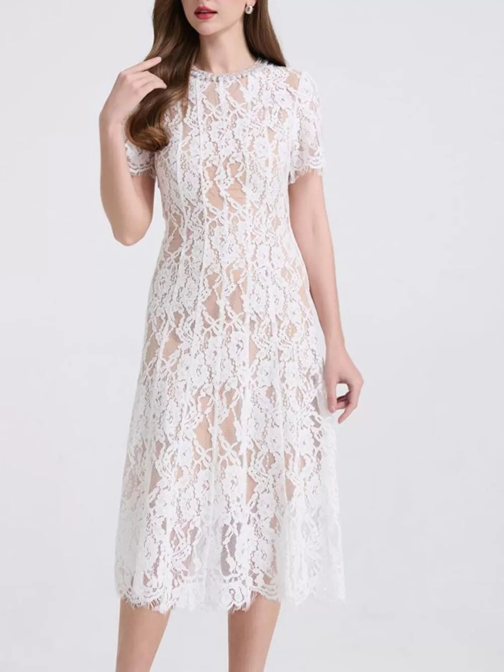 Lace Pearl Neckline Midi Dress, image 17