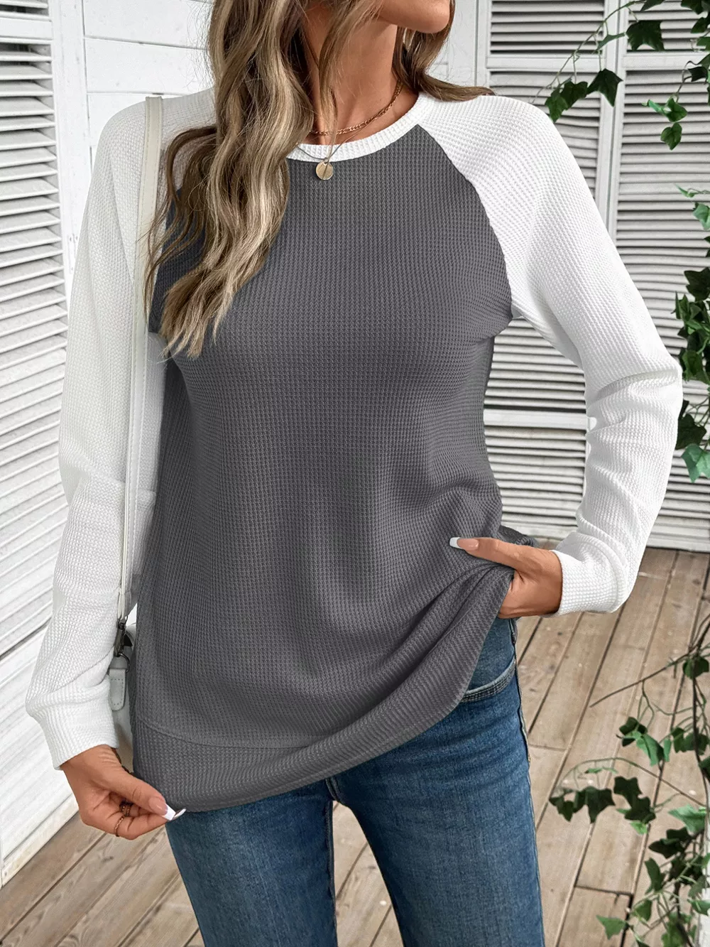 Contrast Raglan Sleeve Waffle Knit T-Shirt, image 8