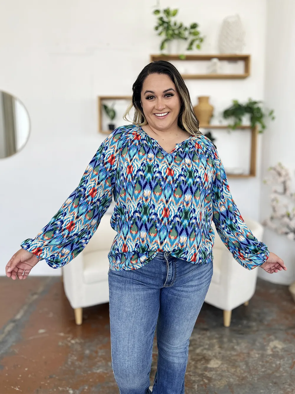 Full Size Printed Balloon Sleeve Blouse, image 12