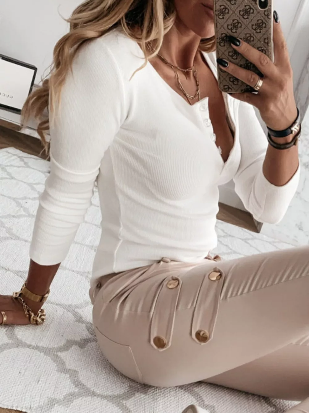 Ribbed Henley Long Sleeve T-Shirt, image 2