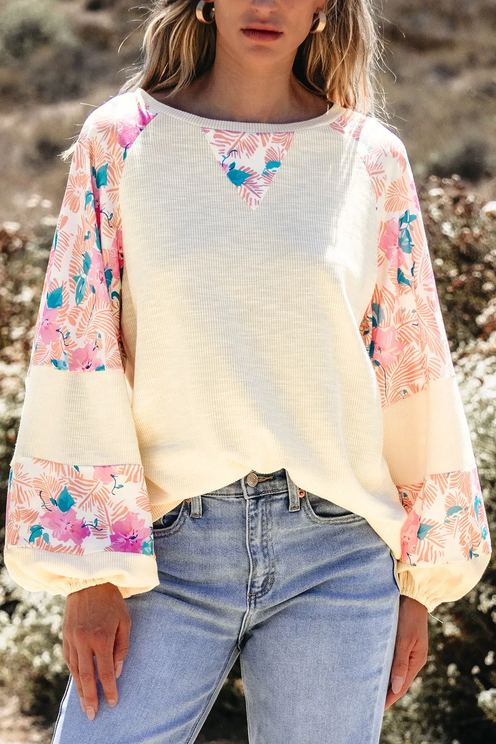 Printed Round Neck Balloon Sleeve Sweatshirt, image 6