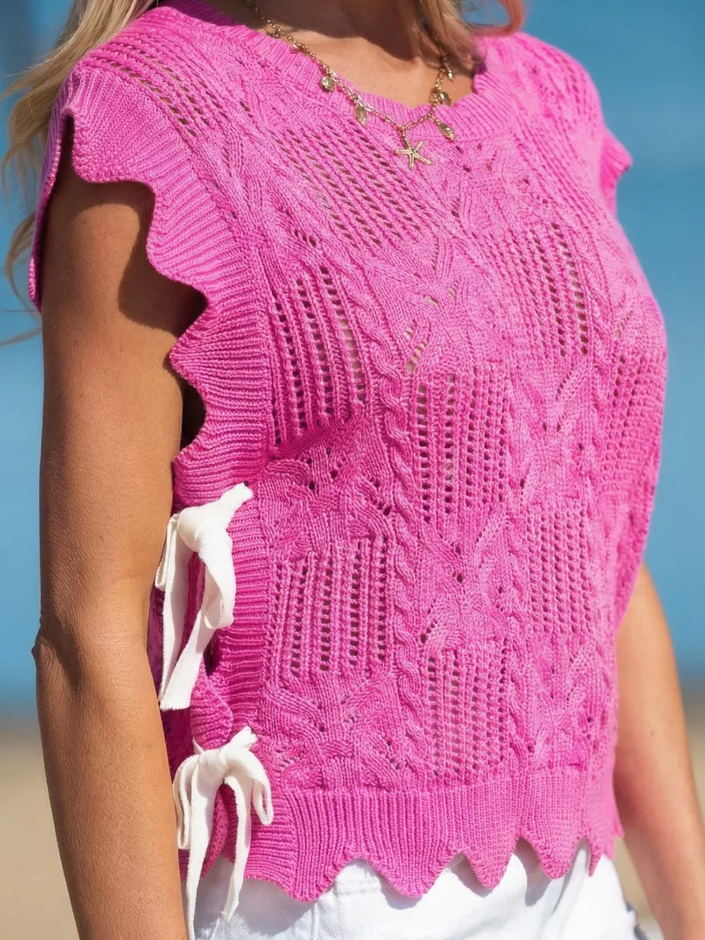 Side Tie Openwork Round Neck Sweater Vest, image 6