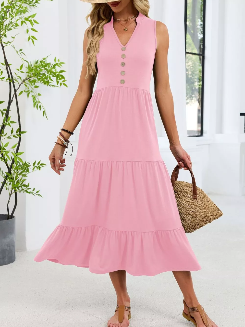 Sleeveless Notched Tiered Midi Dress, image 10