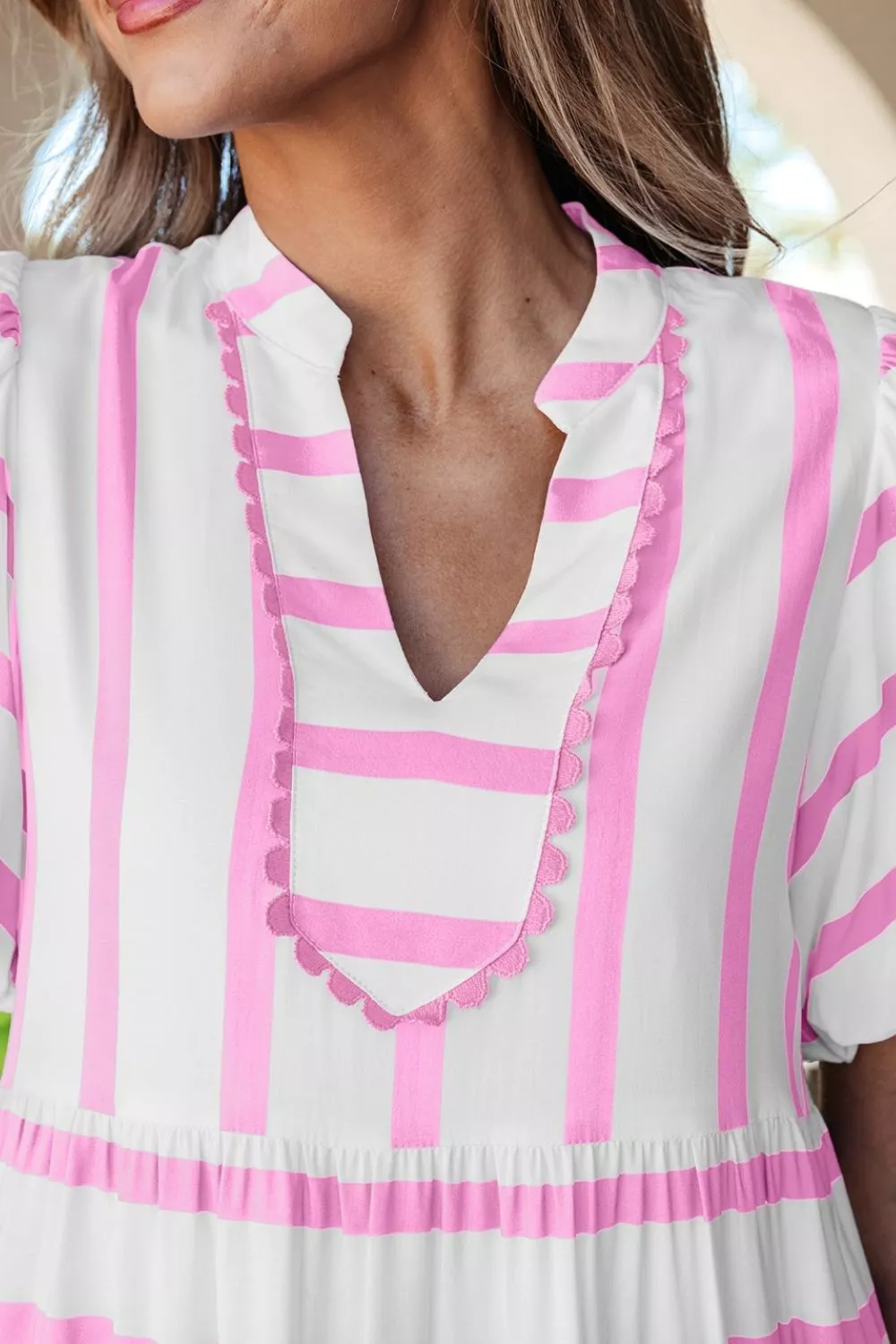 Stripe Ricrac Trim Notched Neck Half Sleeve Dress, image 9