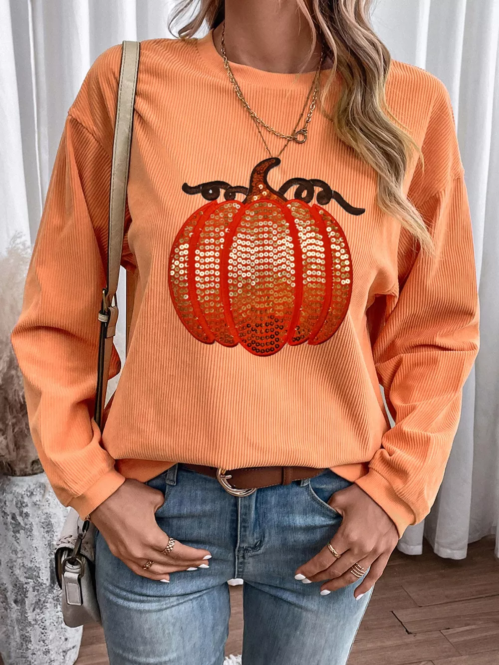 Halloween Sequined Pumpkin Ribbed Round Neck Sweatshirt, image 5