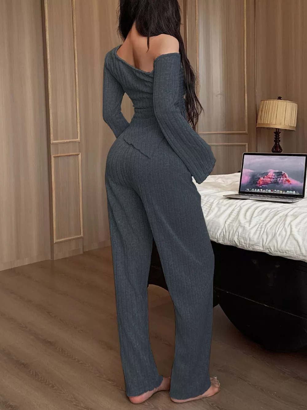 One-Shoulder Ribbed Knit Top and Pants Set, image 13