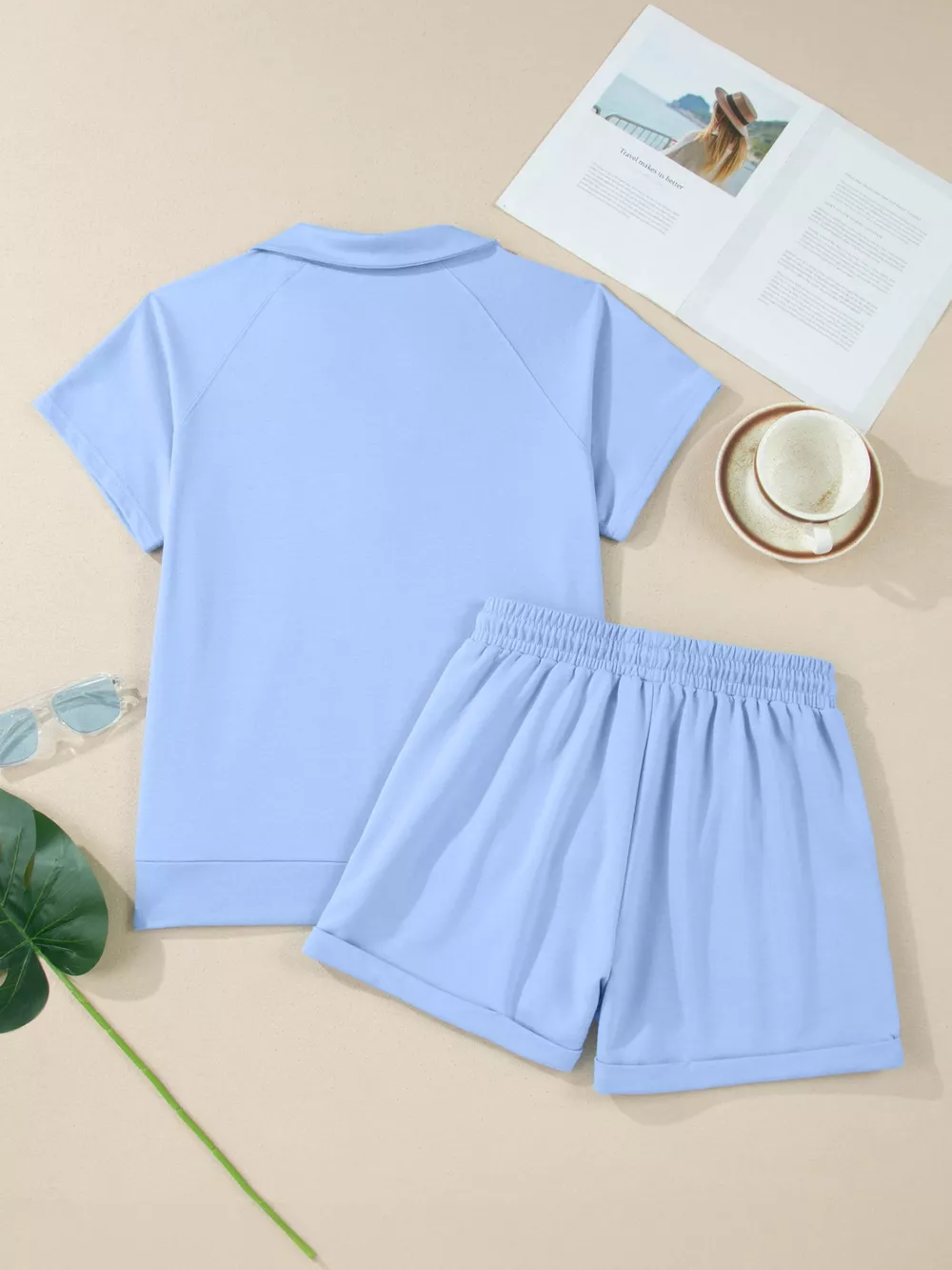 Collared V Neck Tee Drawstring Elastic Waist Shorts 2pcs Outfit, image 5