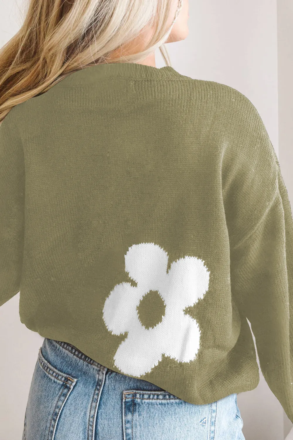 Round Neck Floral Pattern Color Contrast Design Long Sleeve Sweater, image 9