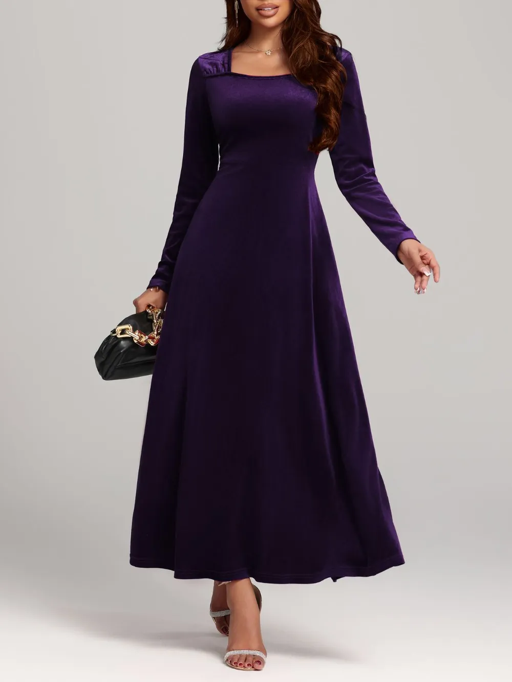 Square Neck Long Sleeve Velvet Dress, image 16