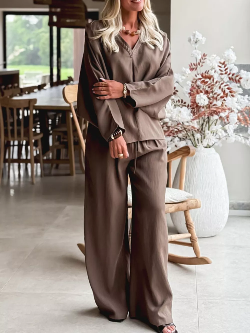 Braided V Neck Long Sleeve Loose Top and Drawstring High Waist Pants 2pcs Outfit, image 4