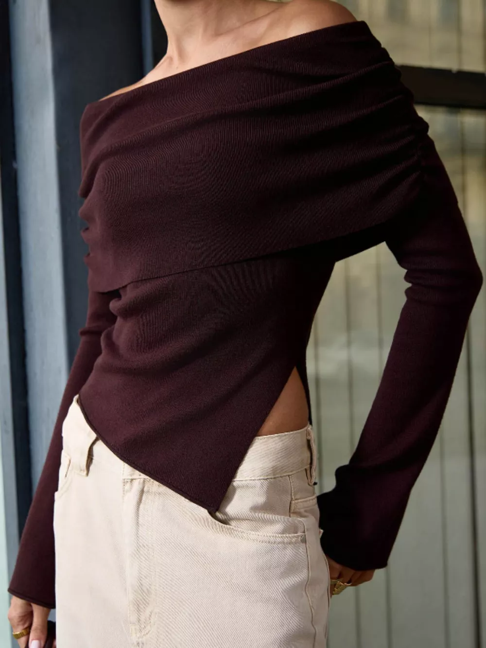 Asymmetrical Hem Off-Shoulder Long Sleeve Knit Top, image 2