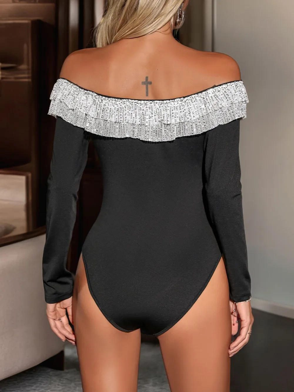 Sequin Ruffled Off-Shoulder Long Sleeve Bodysuit, image 2