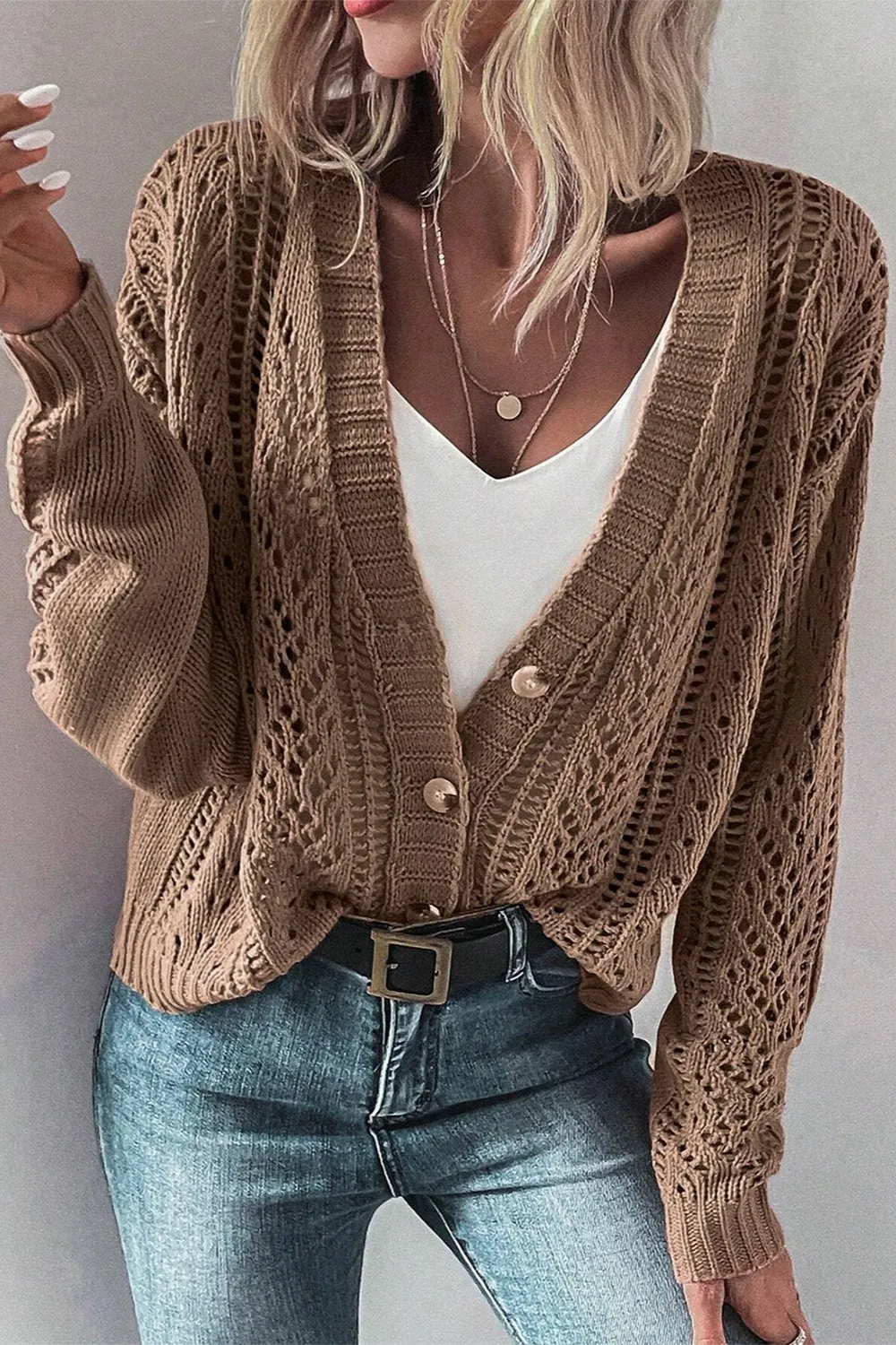 Openwork Button Up Long Sleeve Cardigan, image 7