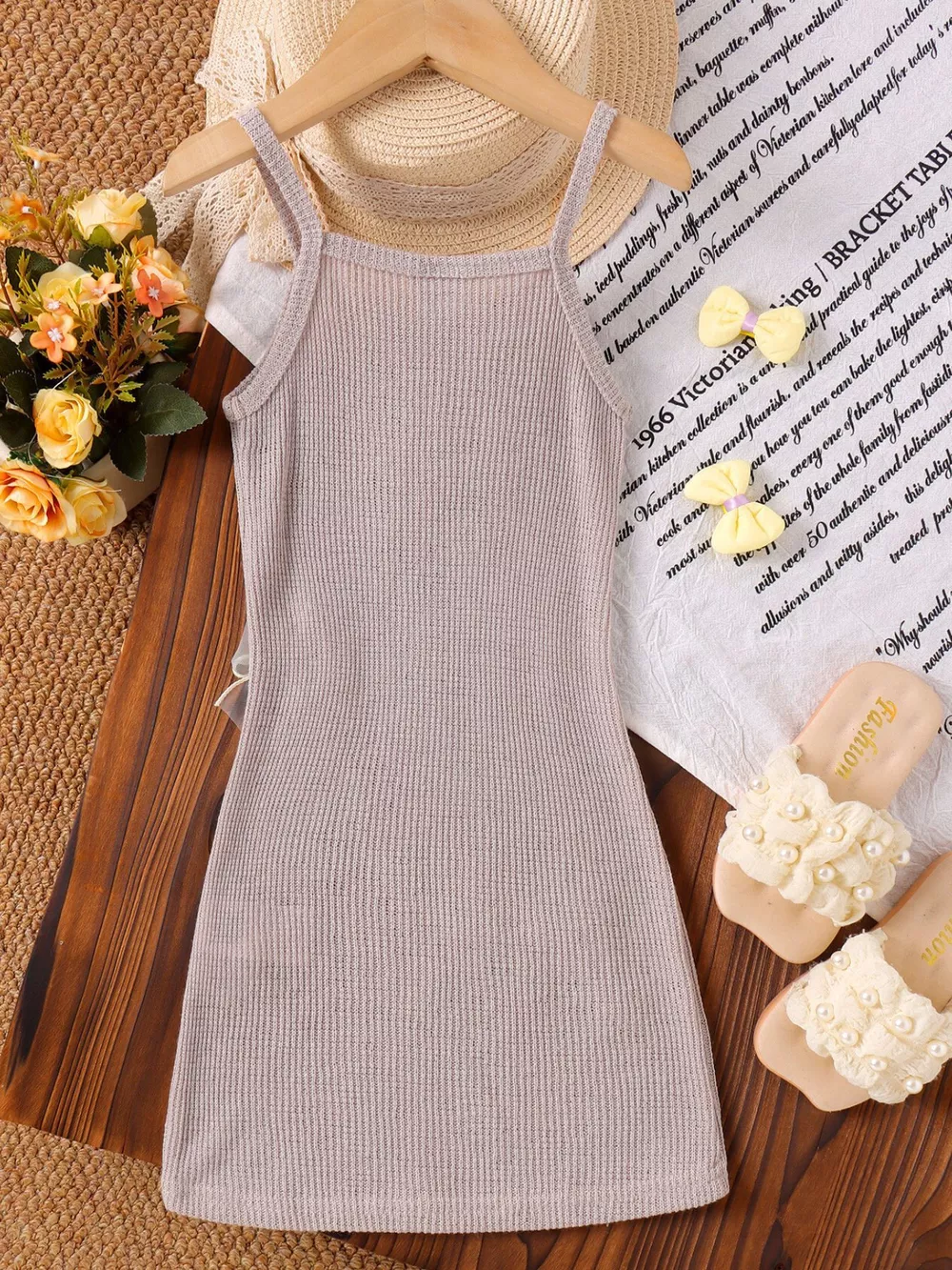 Children's Ribbed Knit Spaghetti Strap Dress with Bow, image 5