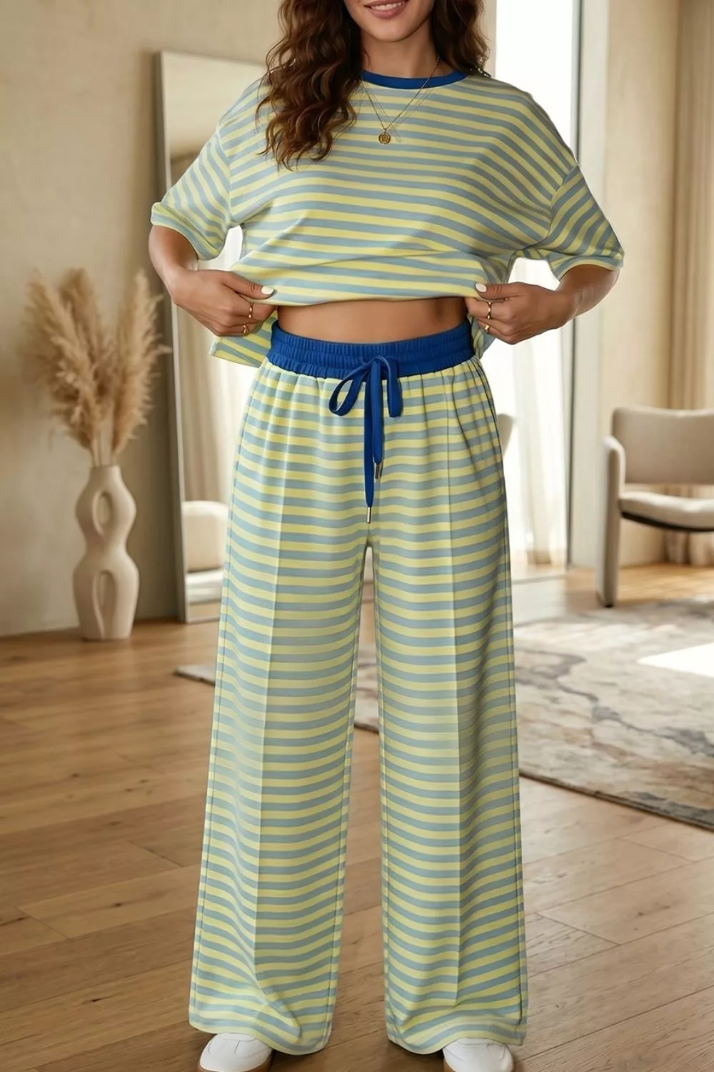 Stripe Colorblock Trim Crew Neck Loose Tee Drawstring Elastic Waist 2pcs Pant Set, image 2
