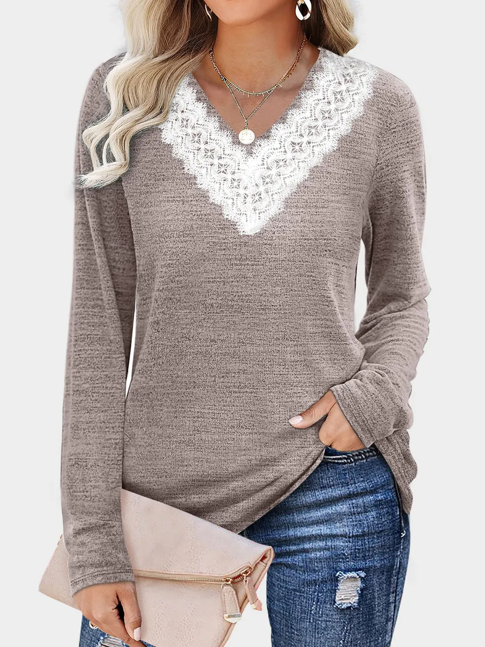 Lace Detail V-Neck Long Sleeve T-Shirt, image 7