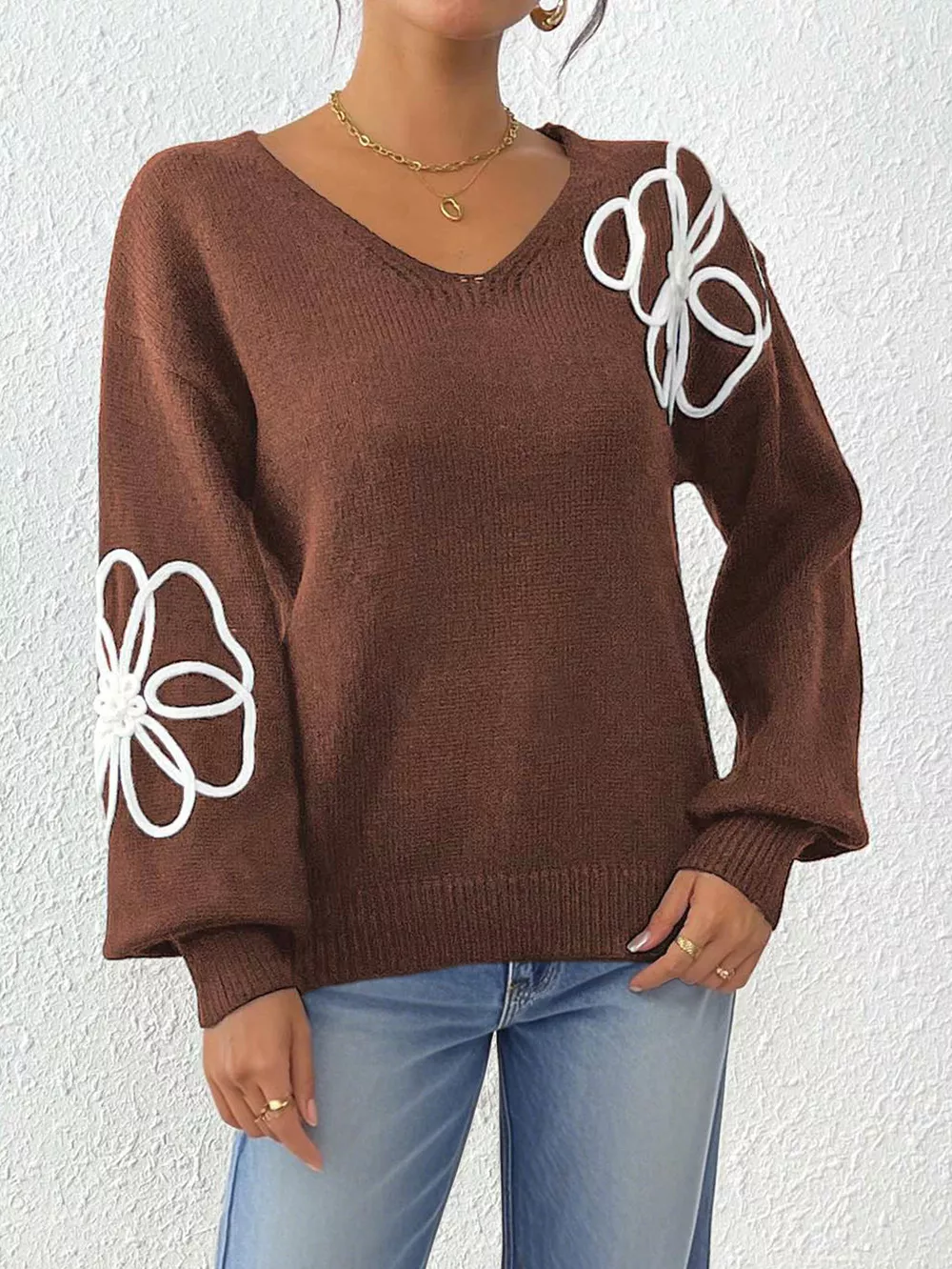 Flower V-Neck Long Sleeve Sweater, image 14
