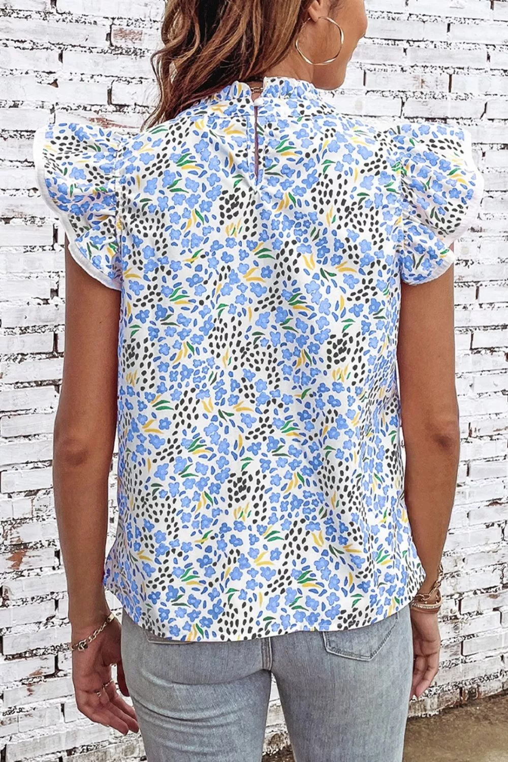 Abstract Print High Neck Flutter Sleeves Top, image 4